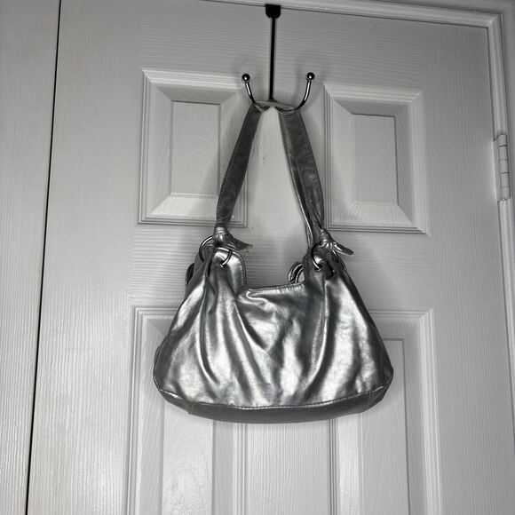 Y2K Metallic Silver Shoulder Bag Slouchy Purse Retro 2000s Style Tote - Picture 1 of 6
